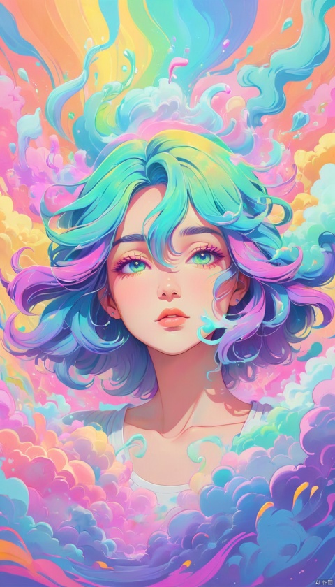 soft pastel colors, cartoon style illustration of a woman as she sees the world while experiencing hallucinations, stoned, splash art, splashed pastel colors, (soft iridiscent glowy smoke) motion effects, best quality, wallpaper art, UHD, centered image, MSchiffer art, ((flat colors)), (cel-shading style) very vibrant neon colors, ((low saturation)) ink lines, iridiscent, 