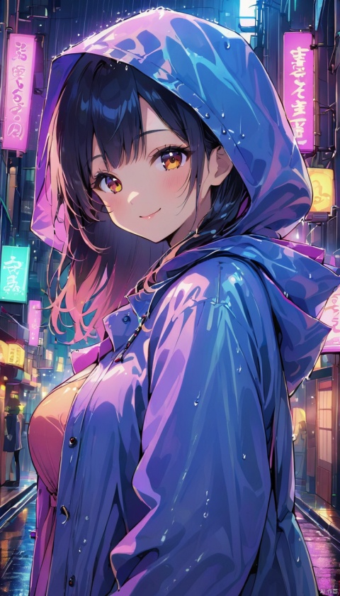 sexy asian girl , cute smile , hooded raincoat ,  aesthetic , side portrait , half body portrait , tokyo street , street lights , neon lights , raining , light signs