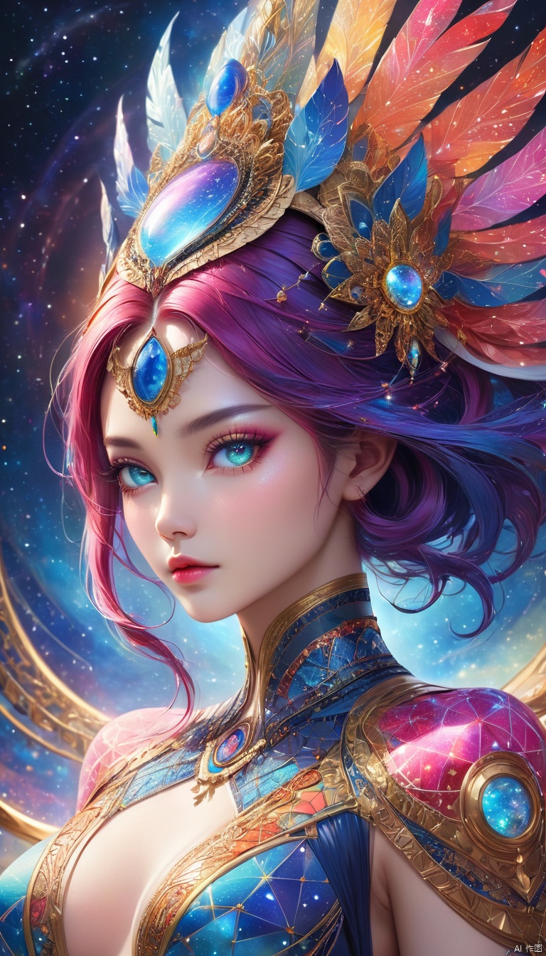 (in Kuang Hong style:1.4), (masterpiece:1.2), (A female shapeshifter inspired by Mystique, her true form is a shimmering constellation of stars and nebulae only momentarily glimpsed as she shifts between her various disguises, Attire consists of a constantly morphing silhouette that reflects her current form, rendered in a kaleidoscopic style with vibrant colors and cosmic textures, wearing unique Avant-garde masterpiece attire and headdress:1.1), (illuminated by the ethereal glow of her own celestial energy, set against the backdrop of a shifting dreamscape that mirrors her transformations:1.1), (hyperdetailed:1.1), (intricate details:1.0), (Refined details:1.1), (best quality:1.1), (very stylish detailed modern haircut, mesmerizing detailed radiant face, mesmerizing detailed beautiful eyes:1.2)