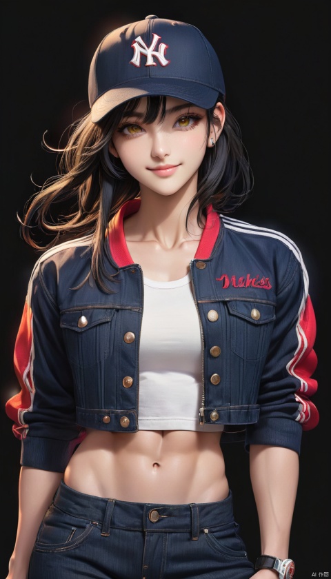 4k,best quality,masterpiece,20yo 1girl,(cropped jacket),(demin pant), alluring smile,baseball cap, (Beautiful and detailed eyes), Detailed face, detailed eyes, double eyelids ,thin face, real hands, muscular fit body, semi visible abs, ((short hair with long locks:1.2)), black hair, black background, real person, color splash style photo,