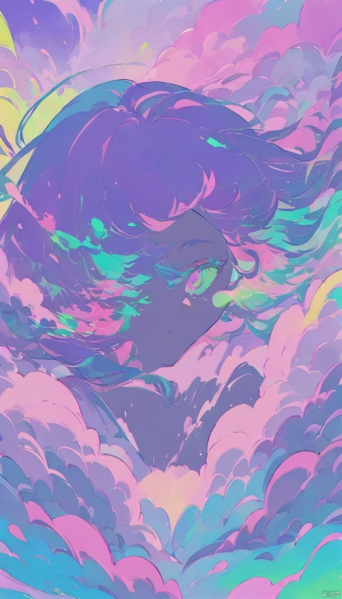 soft pastel colors, cartoon style illustration of a woman as she sees the world while experiencing hallucinations, stoned, splash art, splashed pastel colors, (soft iridiscent glowy smoke) motion effects, best quality, wallpaper art, UHD, centered image, MSchiffer art, ((flat colors)), (cel-shading style) very vibrant neon colors, ((low saturation)) ink lines, iridiscent, 