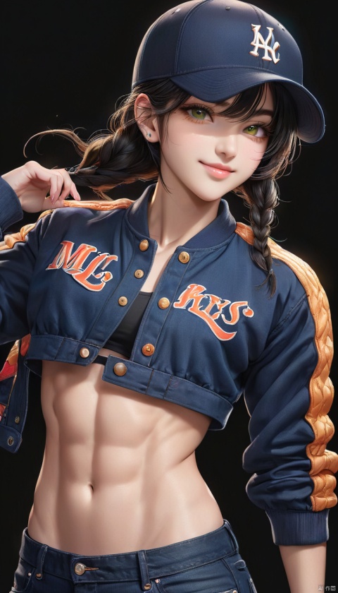 4k,best quality,masterpiece,20yo 1girl,(cropped jacket),(demin pant), alluring smile,baseball cap, (Beautiful and detailed eyes), Detailed face, detailed eyes, double eyelids ,thin face, real hands, muscular fit body, semi visible abs, ((short hair with long locks:1.2)), black hair, black background, real person, color splash style photo,