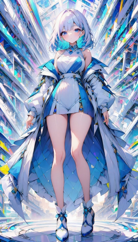 a girl white and blue fashion outfit, colorful geometry background, highly detailed, ultra-high resolutions, 32K UHD, best quality, masterpiece, 