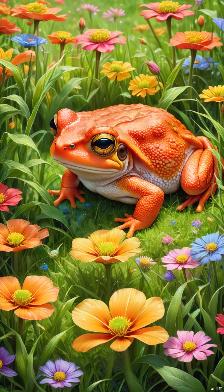 Full body illustration of ultra realistic very detailed cute orange red toad with big green very detailed dreamy cosmic eyes hiding in a very realistic very detailed colorful field of flowers in a realistic very detailed meadow, realistic very detailed grass, realistic very detailed trees, highest contrast, masterpiece, 32k, high contrast, vibrant colors, vivid colors, high resolution textures, crisp colors, ultra sharp, sharp focus,