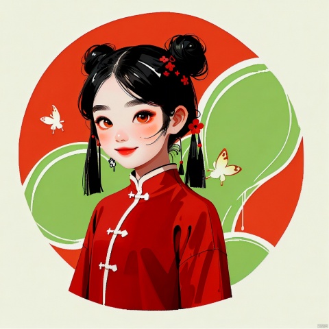  Chinese illustration, Chinese style,A cute little girl of six or seven years old Chinese girl, tied in two buns, Smile Happy, Asian skin tone, (Wearing red Tang attire:1.2),(red Fireworks background:1), (the upper part of the body:1.2), close shot,(surrounded by colorful butterflies in the air:1.2), masterpiece, , traditional chinese ink painting