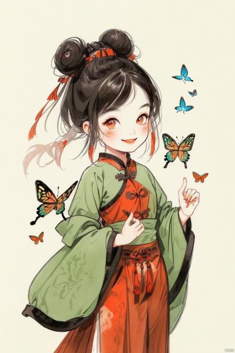  Chinese illustration, Chinese style,A cute little girl of six or seven years old Chinese girl, tied in two buns, Smile Happy, Asian skin tone, (Wearing red Tang attire:1.2),(red Gradient background:1), (the upper part of the body:1.2), (surrounded by colorful butterflies in the air:1.2), masterpiece, , traditional chinese ink painting