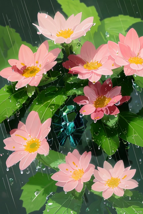 rain, raindrops, A small number of pink flowers, nature, vine twining, clear crystal, dew, spring, green, increase detail, clarity enhancement, medium view, warm light and shadow