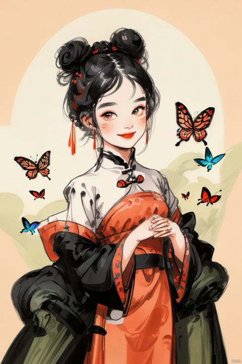 Chinese illustration, Chinese style,A little girl of six or seven years old Chinese girl, tied in two buns, Smile Happy, Asian skin tone, Wearing red Tang attire,(red Gradient background:1), the upper part of the body, (surrounded by colorful butterflies in the air:1.2), masterpiece, 