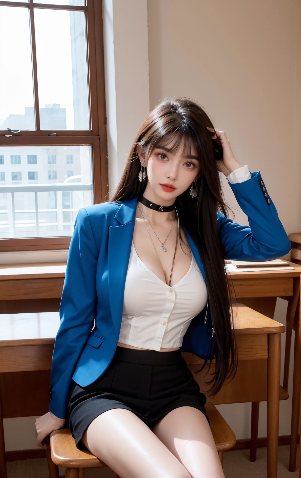  DSLR, (Good structure), 1girl, breasts, choker, cleavage, solo, jewelry, earrings, looking at viewer, long hair, , indoors, window, chair, classroom, shirt, uniform, lips, blue jacket, desk, jacket, black choker, day, brown eyes, long legs, white shirt, realistic, parted lips, ,fangfang