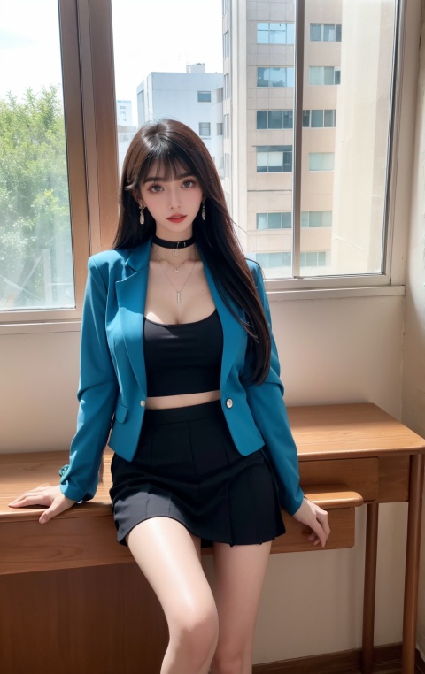  DSLR, (Good structure), 1girl, breasts, choker, cleavage, solo, jewelry, earrings, looking at viewer, long hair, , indoors, window, chair, classroom, shirt, uniform, lips, blue jacket, desk, jacket, black choker, day, brown eyes, long legs, white shirt, realistic, parted lips, ,fangfang