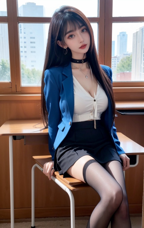  DSLR, (Good structure), 1girl, breasts, choker, cleavage, solo, jewelry, earrings, looking at viewer, long hair, , indoors, window, chair, classroom, shirt, uniform, lips, blue jacket, desk, jacket, black choker, day, brown eyes, long legs, white shirt, realistic, parted lips, ,fangfang