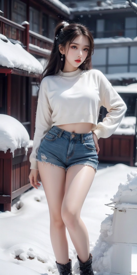  1girl,asian,(detailed background, outdoor,highly detailed background,flying snow,), colorful hair,arrings, parted lips, realistic, female focus, masterpiece,high resolution,1girl,ultra-detailed,extreme detailed, gradient,detailed eyes, mature female, (wide hips), thighhighs,chubby legs,sweater, ,jewelry,eyeshadow,earrings,puffy cloth,jean shorts, (highest detailed hair) ,full body, stunning colors, bold colors,hard light, zixia, heiguafu