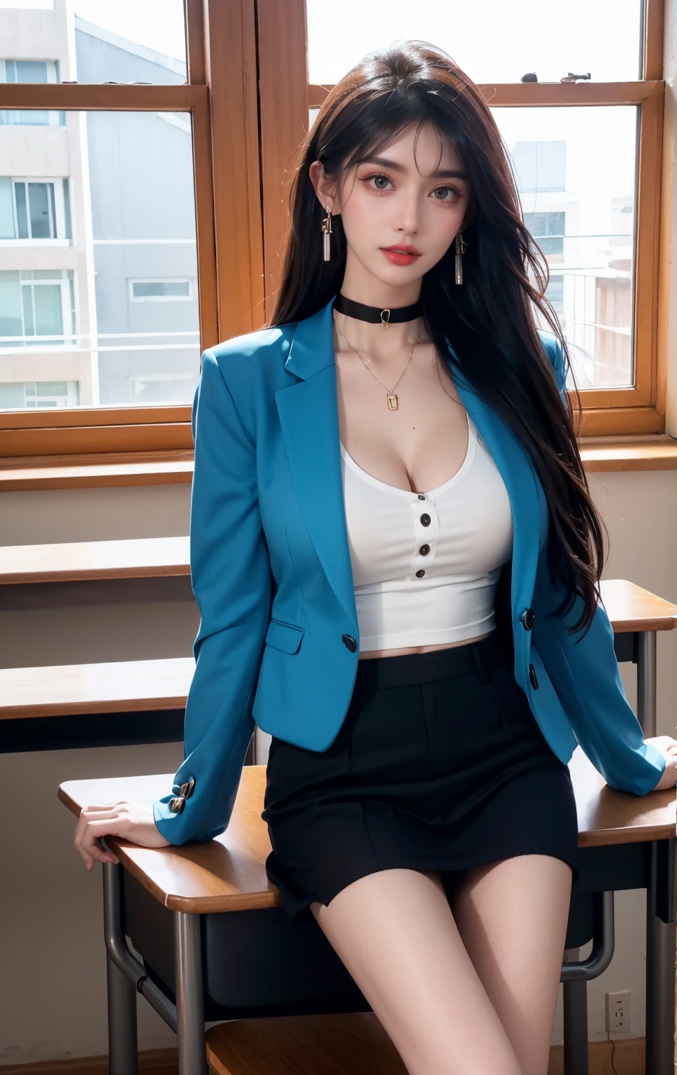  DSLR, (Good structure), 1girl, breasts, choker, cleavage, solo, jewelry, earrings, looking at viewer, long hair, , indoors, window, chair, classroom, shirt, uniform, lips, blue jacket, desk, jacket, black choker, day, brown eyes, long legs, white shirt, realistic, parted lips, ,fangfang