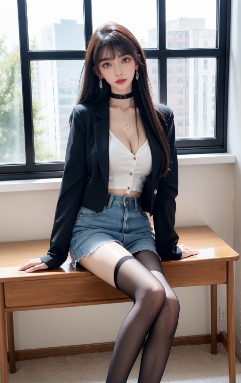  DSLR, (Good structure), 1girl, breasts, choker, cleavage, solo, jewelry, earrings, looking at viewer, long hair, , indoors, window, chair, classroom, shirt, uniform, lips, blue jacket, desk, jacket, black choker, day, brown eyes, long legs, white shirt, realistic, parted lips, ,fangfang