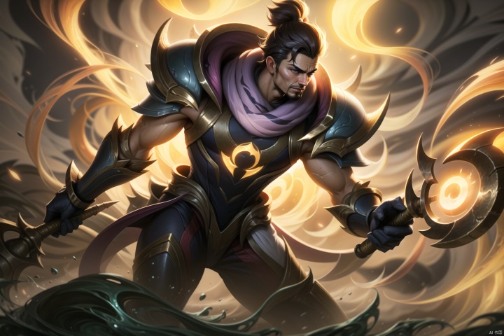The hero in "League of Legends" wears gorgeous golden armor, surrounded by swirling mist and splashing dust, holding a weapon in his hand. A close-up of a character, this painting adopts the fantasy art style of "League of Legends" illustrations. --ar 128:85, Darius