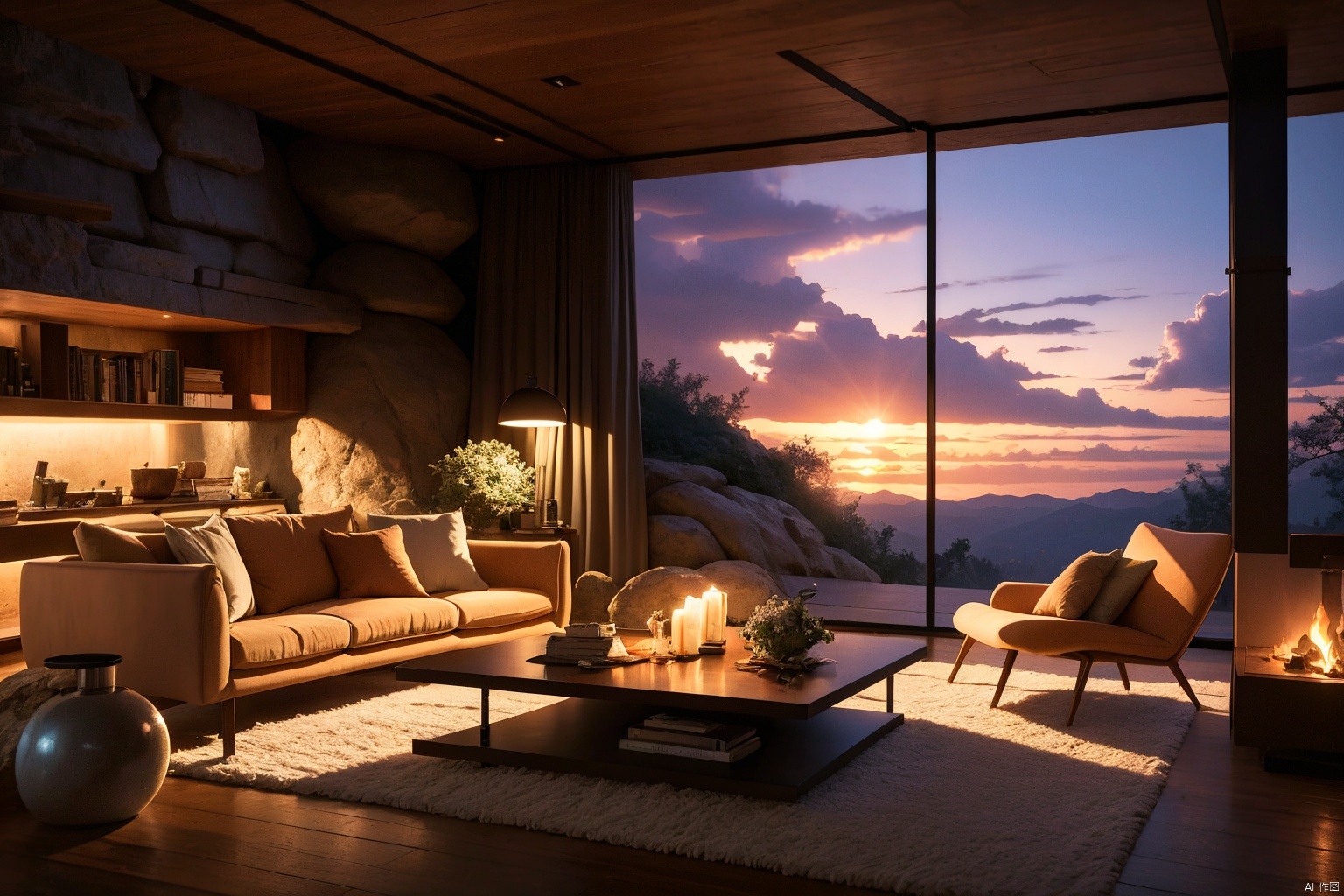 Architectural rendering, architectural design, rock architecture, dramatic moody sunset lighting, long shadows, (Volume: 1.5), cinematic atmosphere Photorealistic hyper-realistic rendering of a beautifully decorated cozy living room interior, 8k HD wallpaper, natural night view, natural wilderness, natural architecture industrial architecture, nature, rock architecture