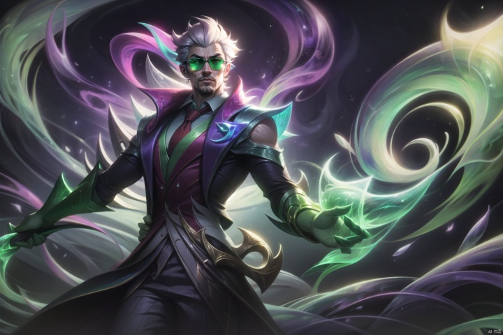 Vladimir from League of Legends, wearing a suit and sunglasses, with a green aura around his body, holding a magic staff in hand in the style of Vladimir.. This painting is done in the fantasy art style of League of Legends splatter paintings. --ar 128:85