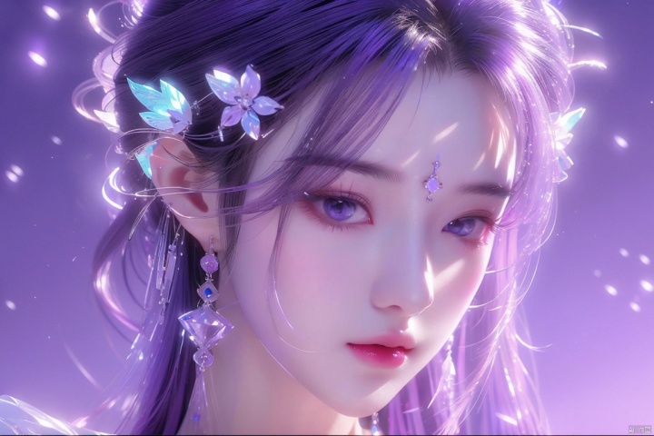  1 girl,(Purple light effect),hair ornament,jewelry,looking at viewer, (\meng ze\), wangyushan, dofas,(ultra-detailed crystallization),transparent crystals, qingyi