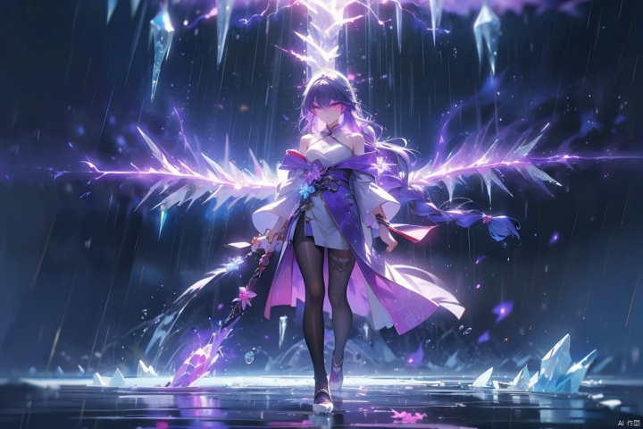  (ice:1.5), 1girl,urple hair, Expose one thigh,purple eyes, (blue fire,magic),(glowing eyes:1.3), chest,electricity, lightning, purple magic, aura,Close-up,Off Shoulder,Front view, backlight,looking at viewer,braids,very long hair,hair flowe,tarry sky ,water,Rain,night, white pantyhose, (\shuang hua\),full body