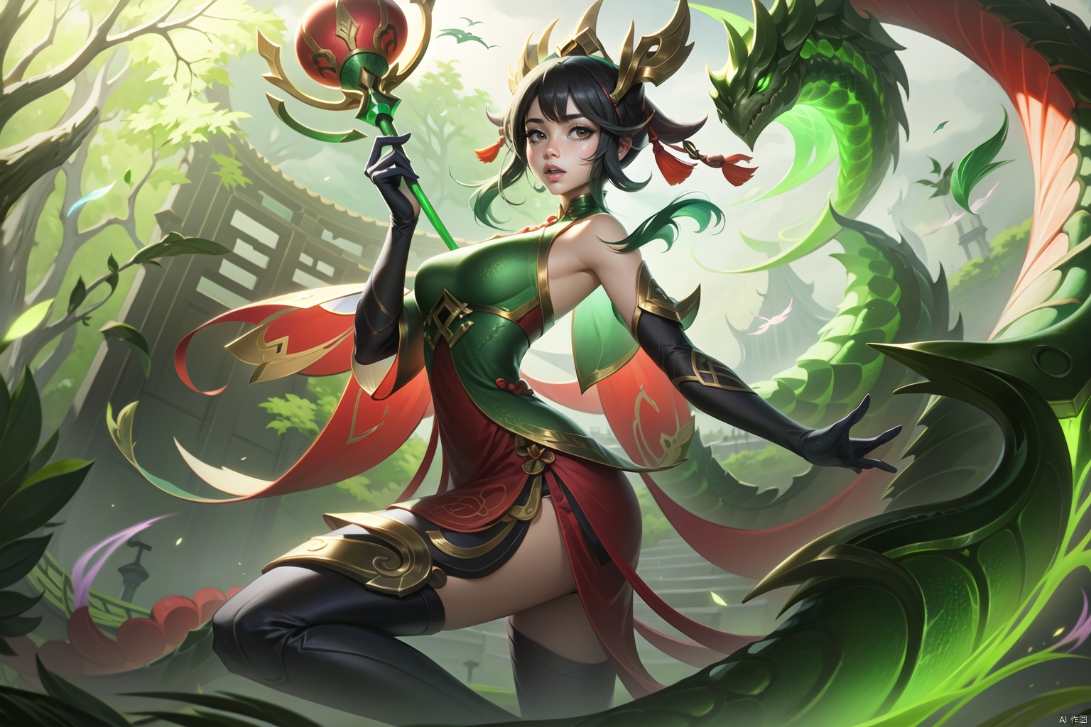  (masterpiece, best quality,top quality),(wide shot:0.95),Dynamic angle,solo,1girl,league of legend,loong, Dragon ear,chinese_clothes,green theme