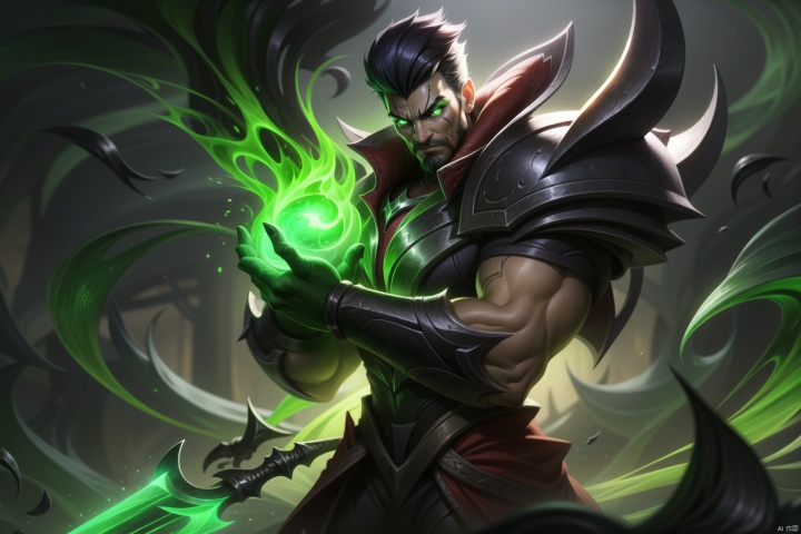 The heroic character in "League of Legends", he wears warrior armor, exudes a green aura, and holds a big knife in his hand. A close-up of a character, this painting adopts the fantasy art style of "League of Legends" illustrations. --ar 128:85, Darius