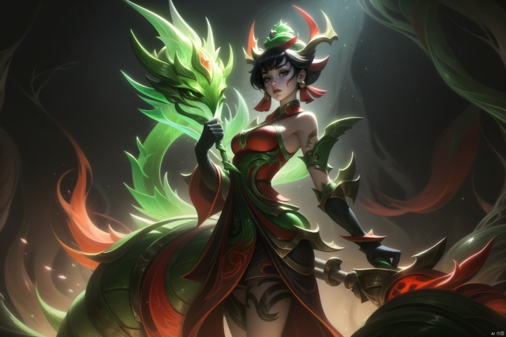 League of Legends gameplay. A female Chinese warrior, dressed in green and red, holds an ornate staff; she is surrounded by green leaves and trees and has black hair. She raises her left hand and forms a dragon's head on it. This painting is done in the fantasy art style of League of Legends splatter paintings. --ar 128:85