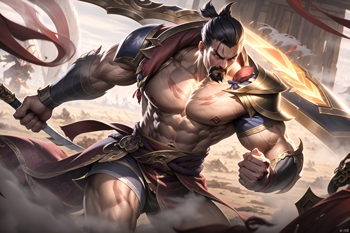 An ancient Chinese battlefield, full of smoke and corpses, male, mature, abs, better hands, best mass, normal fingers, normal legs,, midway portrait, fighting, holding a sword, surrounded by the League of Legends of the Sword Aura, (Wide angle lens: 0.95),