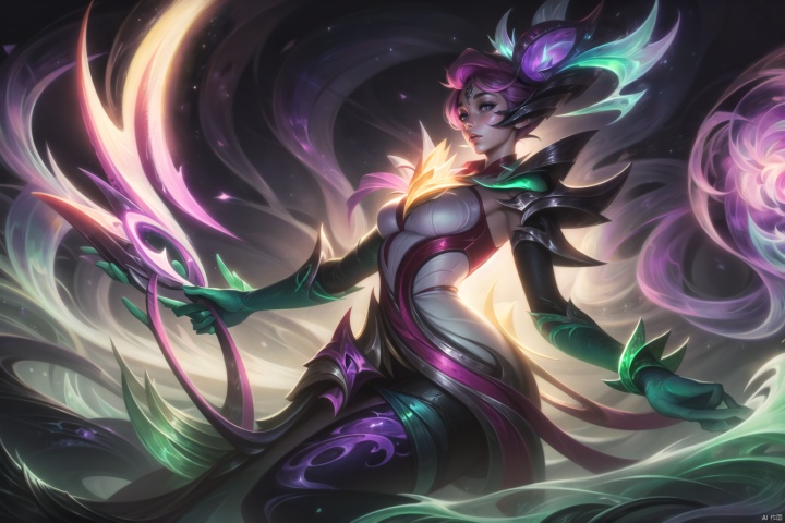 The female hero in "League of Legends", she wears gorgeous clothes, exudes a green aura, and holds a magic wand in her hand. A close-up of a character, this painting is done in the fantasy art style of "League of Legends" splash-ink painting. --ar 128:85