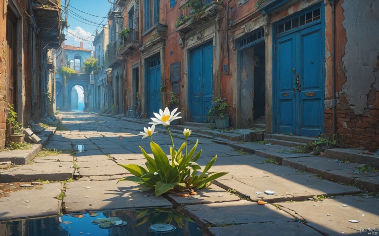  focus on small flower on the street, in ruined, abandoned citycity underwater, blue atmosphere, rays of light shining through, highly detailed oil painting, unreal 5 render, rhads, Bruce Pennington, Studio Ghibli, tim hildebrandt, digital art, octane render, beautiful composition, trending on artstation, award-winning photograph, masterpiece <lora:add-detail-xl:1