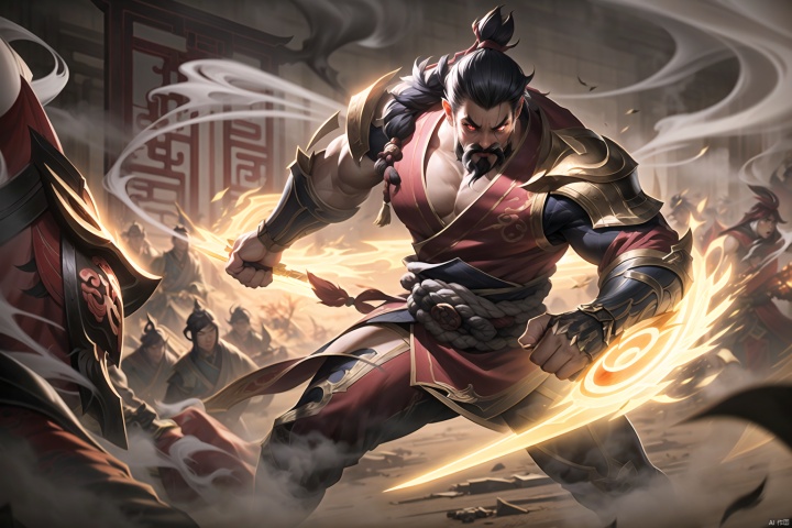 An ancient Chinese battlefield, filled with smoke and corpses. Better Hands, Best Quality, Normal Fingers, Normal Legs,, Midway Portrait, Fighting, Holding a Sword, Surrounded by Sword Aura League of Legends, (Wide Shot: 0.95), Movie Style, Mature Male