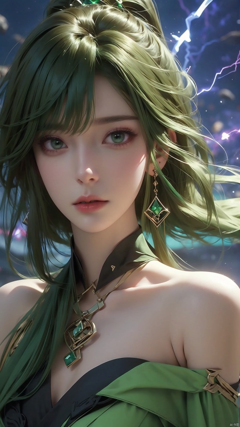  1girl,Bangs, off shoulder, green hair, green dress, green eyes, chest, earrings, dress, earrings, floating hair, jewelry, sleeveless, short hair,Looking at the observer, parted lips, pierced,energy,electricity,magic,