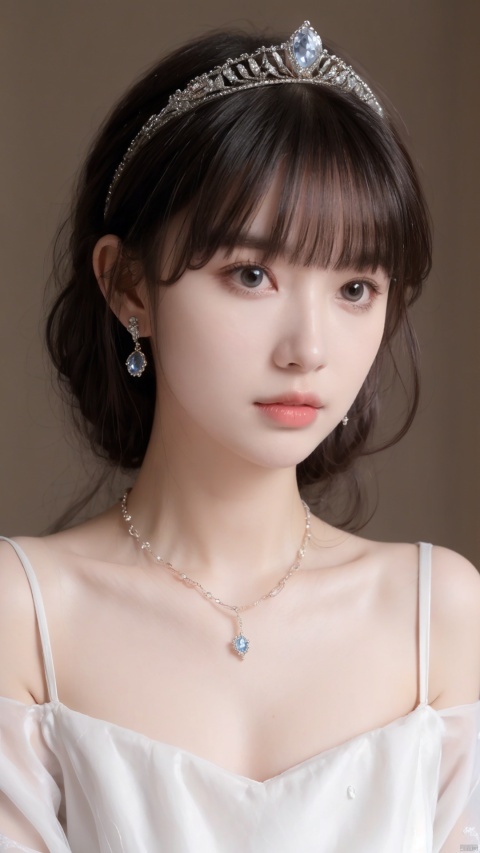 A princess, bust shot, close-up of the figure's head, ice crown, ornament, jewelry, necklace, sapphire, purple stone, noble dress, off-the-shoulder, big eyes, high nose, rosy lips, flowing white long hair and ear chain, just like a princess.White hair, Cleavage,Messy hair,delicate head wearing an ice crown, sparkling, flashing.,huliya, 1girl