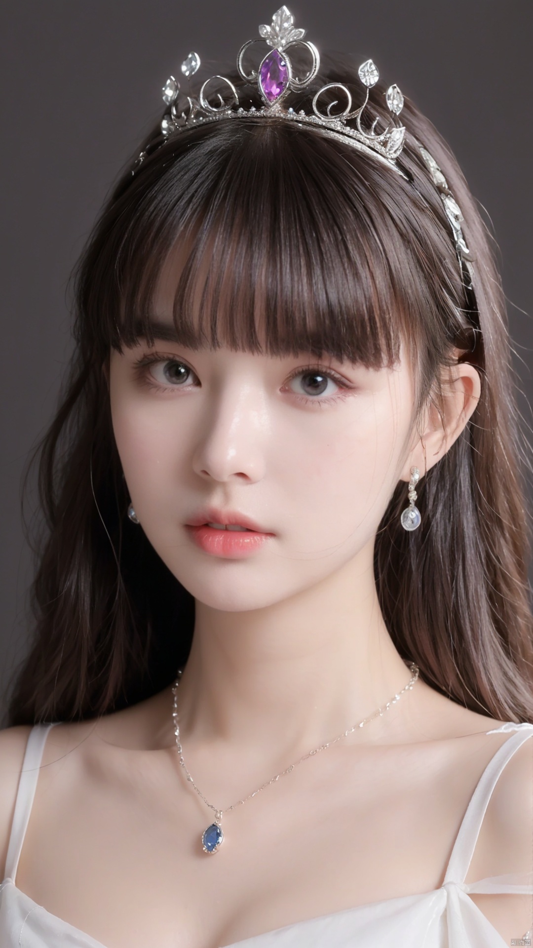  A princess, bust shot, close-up of the figure's head, ice crown, ornament, jewelry, necklace, sapphire, purple stone, noble dress, off-the-shoulder, big eyes, high nose, rosy lips, flowing white long hair and ear chain, just like a princess.White hair, Cleavage,Messy hair,delicate head wearing an ice crown, sparkling, flashing.,huliya, 1girl