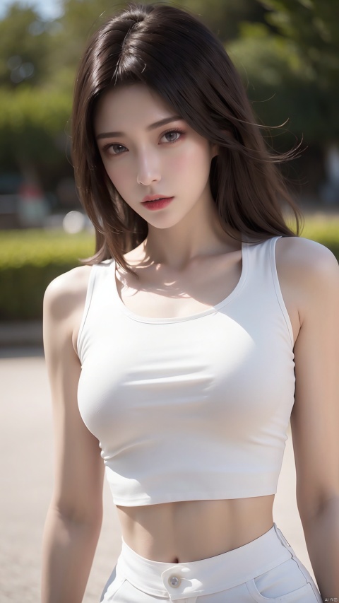  ((Realistic lighting, Best quality, 8K, Masterpiece: 1.3)), Clear focus: 1.2, 1girl, Perfect beauty: 1.4, Slim abs: 1.1, ((Dark brown hair)), (White crop top: 1.4), (Outdoor, Night: 1.1), Park view, Super fine face, Fine eyes, Double eyelids,