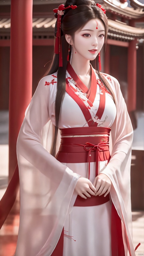  (Best quality, masterpiece, realistic, 4k),A girl, Red and white Chinese style dress,Hanfu,Little Smile,standing,outdoors,lake,, Girl, hle
