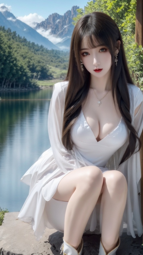  Mountain, water, beautiful eyes: 1.3, with light in her eyes, long legs, showing cleavage: 1.9, white shirt, shortboots, ((masterpiece)), ((best quality)) , 8k, high detailed, ultra-detailed, (1girl),, high detailed, detailed., tutututu
