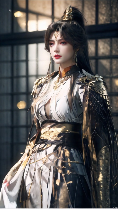  1girl,gem,lips,lipstick,long hair,looking at viewer,Earrings,gold choker,bracelet, armlet,makeup,parted lips,red lips,solo, hair flower,ponytail,thighs,half body photo, gold armor, 1girl,moyou