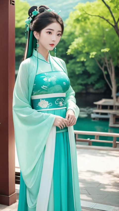  A girl,light green and blue Chinese style dress,Hanfu,standing,outdoors,lake,, HUBG_Beauty_Girl