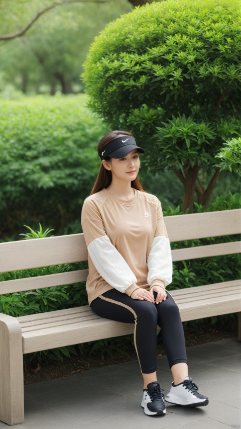  The image features a woman sitting on a wooden bench in a park. She is wearing a tan top with long sleeves and matching leggings. She is also wearing a visor and black sneakers with white laces. She has her hands on the bench, seemingly in a relaxed state. The surrounding environment includes a lush green plant behind the bench and a tree or shrub to the left and right. The bench is situated on a path, possibly indicating that this is a park or recreational area.koeran beauty, jean