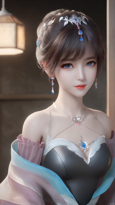  1girl,Stand,(in a bar:1.2), female solo,((full_body:0.5)), full breasts,(larger breasts:1.2),ukl, messy hair, red gemstone earrings, red gemstone necklace,red earings,blue jewelry,blue eye,8k resolution, masterpiece, best picture quality, peerless beauty, loose wavy hair, smooth hair, feather hair accessories, collarbone, beautiful delicate makeup, exquisite facial features, the most beautiful big eyes, long eyelashes, sweet sleeping silkworm, tender pink lip glaze, charming woman, earrings, pendants, sweet smile, lipstick, wearing a black turtleneck shirt, short skirt, petite figure. The highest precision, accurate and perfect human body structure, smile, bust, natural light irradiation, Model: portrait, CFG scale: 8,MAJICMIX STYLE, xwhd