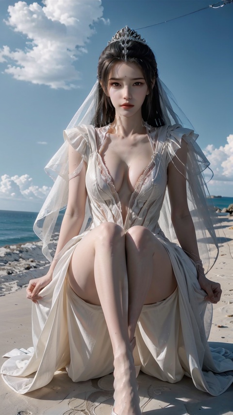  1girl,weddingdress,beach,blue sky and white clouds,Very detailed,reasonable design,Clear lines,High sharpness,best quality,masterpiece,4K,perfect ratio,(shiny_skin:1.1),game cg,(perfect hand:1.1),Electroluminescent Wire,Dreamy Glow,conceptual digital art,(nsfw),hanging breasts,feet
