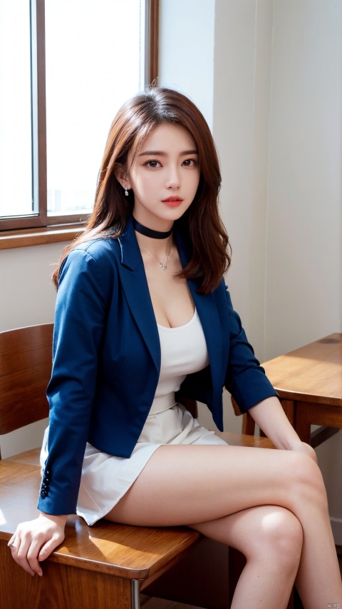  DSLR, (Good structure), 1girl, breasts, choker, cleavage, solo, jewelry, earrings, looking at viewer, long hair, large breasts, indoors, window, chair, classroom, pink hair, shirt, uniform, lips, blue jacket, desk, jacket, black choker, day, brown eyes, long legs, white shirt, realistic, parted lips, v arms,, yuanyuan, lihanyi