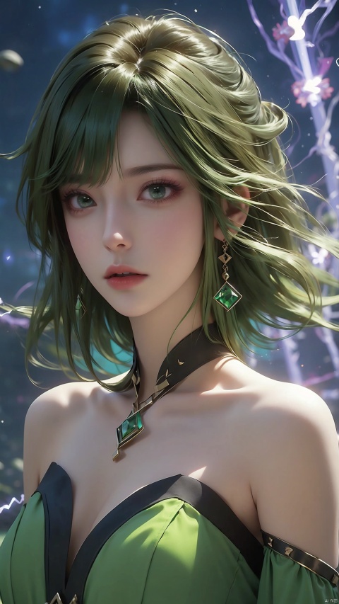  1girl,Bangs, off shoulder, green hair, green dress, green eyes, chest, earrings, dress, earrings, floating hair, jewelry, sleeveless, short hair,Looking at the observer, parted lips, pierced,energy,electricity,magic,