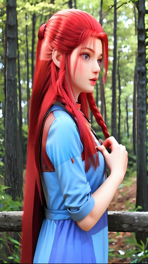  1girl, red hair, long hair, forest, best quality