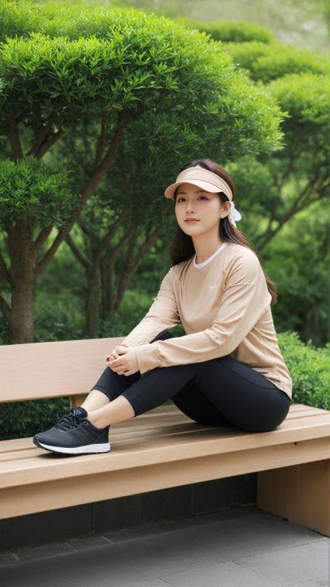  The image features a woman sitting on a wooden bench in a park. She is wearing a tan top with long sleeves and matching leggings. She is also wearing a visor and black sneakers with white laces. She has her hands on the bench, seemingly in a relaxed state. The surrounding environment includes a lush green plant behind the bench and a tree or shrub to the left and right. The bench is situated on a path, possibly indicating that this is a park or recreational area.koeran beauty, jean
