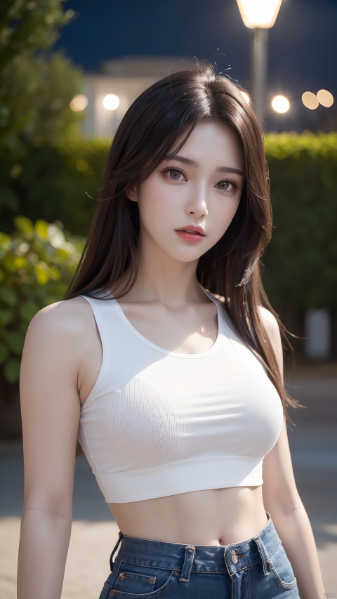  ((Realistic lighting, Best quality, 8K, Masterpiece: 1.3)), Clear focus: 1.2, 1girl, Perfect beauty: 1.4, Slim abs: 1.1, ((Dark brown hair)), (White crop top: 1.4), (Outdoor, Night: 1.1), Park view, Super fine face, Fine eyes, Double eyelids,