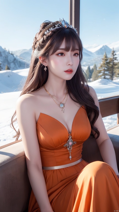  There was a woman in a orange dress,Wearing a necklace,((a beautiful fantasy empress).inspired by Sim Sa-jeong,Azure.detailed hairs,winter snow falling princess,LCE Princess,Guvez-Steville artwork,8K)),fantasy aesthetic!.Guviz,Ice Queen,8k high-quality detailed art.sitting.