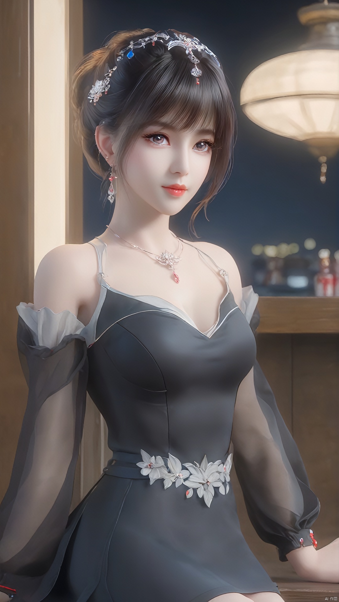  1girl,Stand,(in a bar:1.2), female solo,((full_body:0.5)), full breasts,(larger breasts:1.2),ukl, messy hair, red gemstone earrings, red gemstone necklace,red earings,blue jewelry,blue eye,8k resolution, masterpiece, best picture quality, peerless beauty, loose wavy hair, smooth hair, feather hair accessories, collarbone, beautiful delicate makeup, exquisite facial features, the most beautiful big eyes, long eyelashes, sweet sleeping silkworm, tender pink lip glaze, charming woman, earrings, pendants, sweet smile, lipstick, wearing a black turtleneck shirt, short skirt, petite figure. The highest precision, accurate and perfect human body structure, smile, bust, natural light irradiation, Model: portrait, CFG scale: 8,MAJICMIX STYLE, xwhd