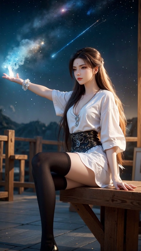  (Sitting:1.6),((Night, starry sky,clusters of stars,cities, lakes)),(Look up at the stars),(Meteor shower:1.4), ,(Look into the distance),(from side,profile,from below),((white shirt,black Tight microskirt,black thighhighs)),(full body),((model's body,model's legs)),((huge breasts:0.9)),(high heels),narrow waist,Bare thighs,(Perfect eye structure), Subject ,((detailed eyes)),(clear facial features),finely detailed eyes,nice body,finely detailed face,((finely quality eyes)),Perfect figure,Exquisite facial features,solo,(( Best quality )),(( masterpiece )),(( realistic )),( hyperrealism:1.2),(8K UHD :1.6),HDR,(8K wallpaper),(ultra detailed),(best quality),fractal art, lighting,((Highly detailed:1.4)),Professional,Trending on artstation,Vivid Colors,1girl,crystal,xiaoyemao