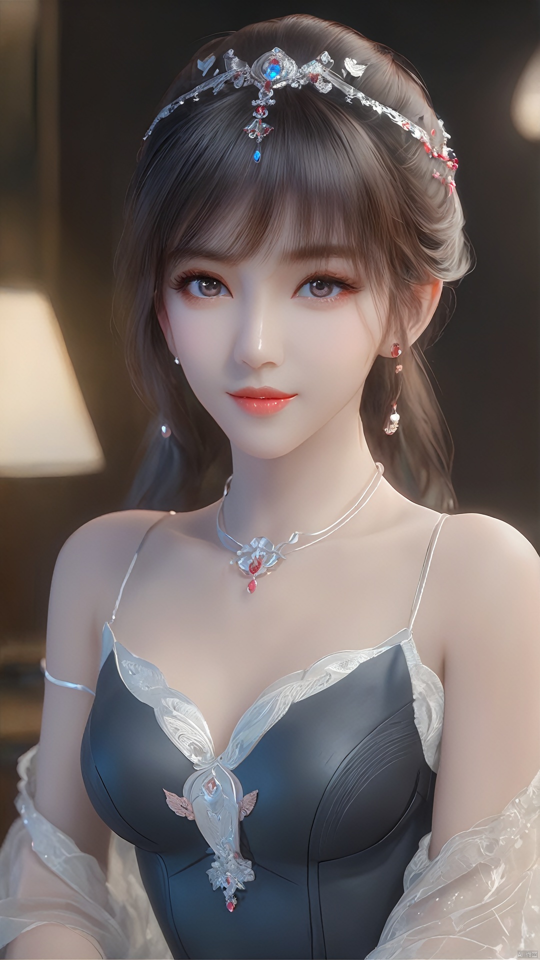  1girl,Stand,(in a bar:1.2), female solo,((full_body:0.5)), full breasts,(larger breasts:1.2),ukl, messy hair, red gemstone earrings, red gemstone necklace,red earings,blue jewelry,blue eye,8k resolution, masterpiece, best picture quality, peerless beauty, loose wavy hair, smooth hair, feather hair accessories, collarbone, beautiful delicate makeup, exquisite facial features, the most beautiful big eyes, long eyelashes, sweet sleeping silkworm, tender pink lip glaze, charming woman, earrings, pendants, sweet smile, lipstick, wearing a black turtleneck shirt, short skirt, petite figure. The highest precision, accurate and perfect human body structure, smile, bust, natural light irradiation, Model: portrait, CFG scale: 8,MAJICMIX STYLE, xwhd